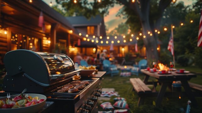 Barbecue party with grilled food in backyard with American flags. 4th of July, USA Independence Day