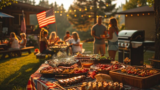 Barbecue party with grilled food in backyard with American flags. 4th of July, USA Independence Day