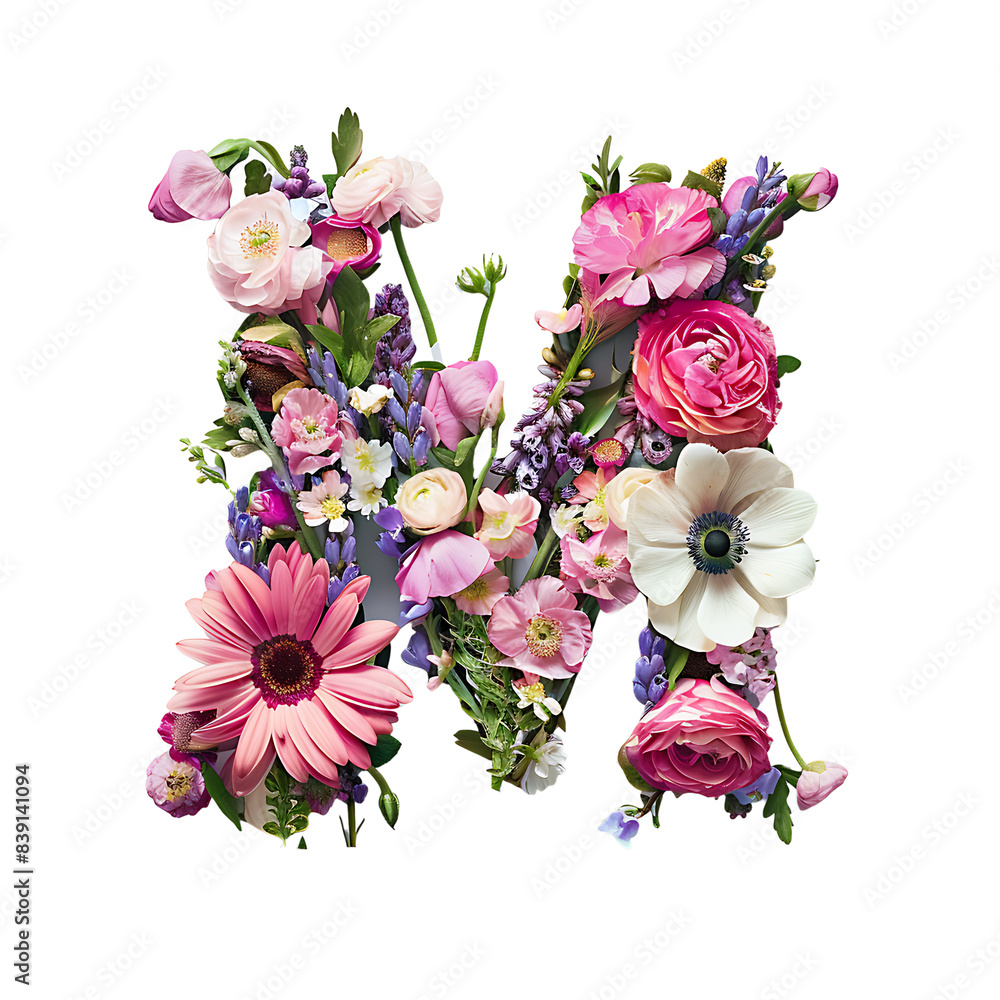 Fototapete elegant shot of text letters m crafted in flowers on a clean, isolated on transparent background
