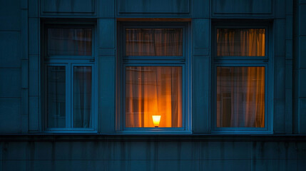 In the evening, a warm orange light burns in the window of the house.