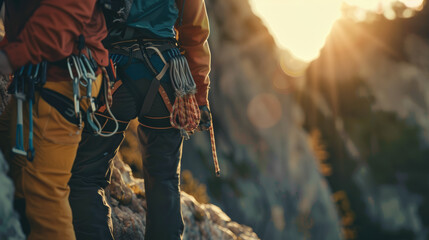 Rock climbers at golden hour, their gear ready for a challenging ascent.