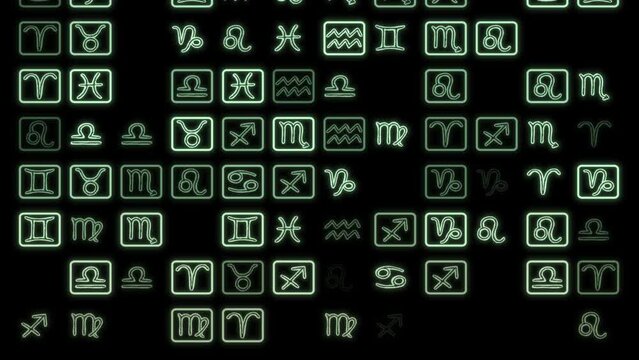 Stream of horoscope symbols, encrypted message, mysterious tidings, 4K