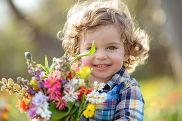 Joyful Youngster Embracing Spring Blossoms for Mothers Day, Delighted Child Surrounded by Spring Flowers on Mother's Day. Generative Ai