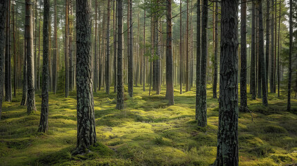 Obraz premium A dense pine forest in northern Europe, with tall trees and mosscovered ground, showcasing the natural beauty of an old growth woodland