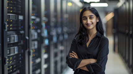 Waist up portrait of indian female system admin in server room, copy space