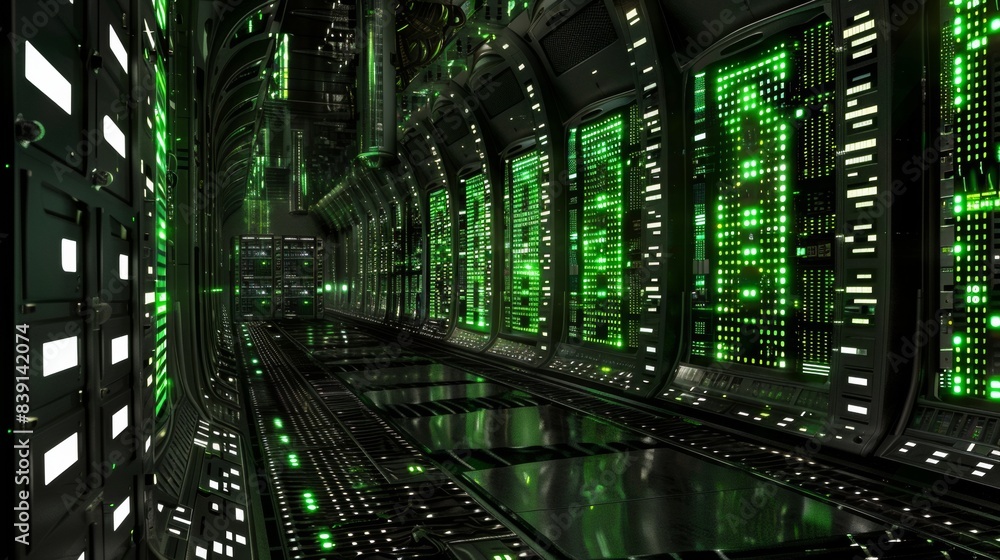 Poster futuristic data center with green led lights, displaying advanced tech and modern infrastructure