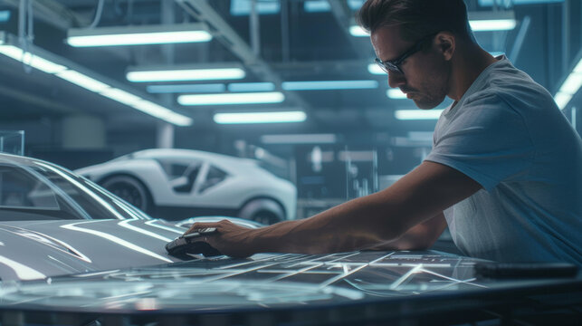 Man meticulously designing a car in a futuristic workspace.