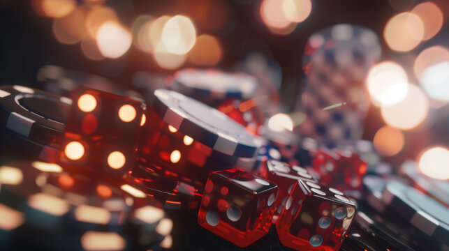 High-stakes vibe with glowing dice and chips, a scene straight from a vivid casino night.