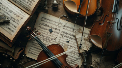 Fototapeta premium An artistic arrangement of musical instruments and sheet music, evoking rich tones and the timeless beauty of classical melodies.