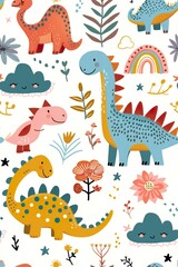 Fototapeta premium dinosaur pattern illustration with clouds with faces and flowers
