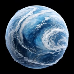 A captivating image of a water planet with swirling white clouds, showcasing an otherworldly atmosphere against a black background.
