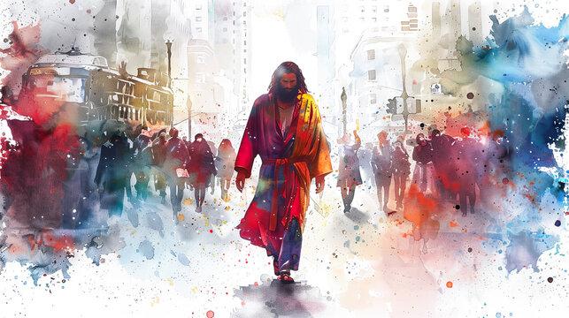 Digital watercolor painting of Jesus Watercolor painting, Jesus walking through a busy city street, blending ancient and modern elements, people of diverse backgrounds passing