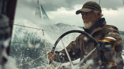 Obraz premium An experienced sailor grips the wheel of his boat, braving rough sea waves with a look of determination and skillful focus.
