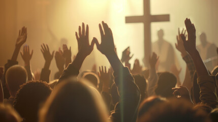 Congregation members raise their hands in a unified expression of faith and worship inside a warmly lit church.