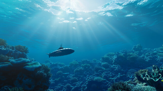 A mini-submarine navigates through a vibrant coral reef, bathed in sunlight filtering through the clear blue ocean water.