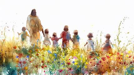 Digital watercolor painting of Jesus surrounded by children in a sunlit meadow, their laughter echoing through the air,wildflowers blooming at their feet, innocence and joy radiating from their faces