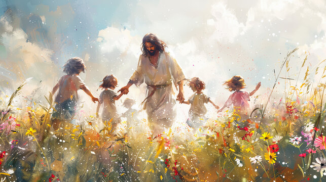 Digital watercolor painting of Jesus surrounded by children in a sunlit meadow, their laughter echoing through the air wildflowers blooming at their feet, innocence and joy radiating from their faces