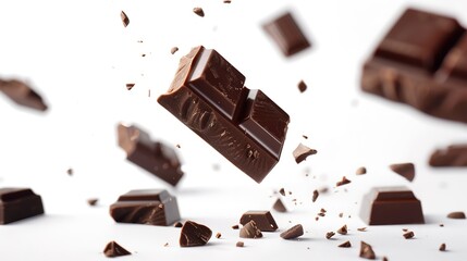dark chocolate broken into pieces in the air. Pieces of milk chocolate falling on a white background with copy space. mockup