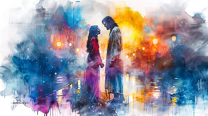 Digital watercolor painting of Jesus Watercolor painting, Jesus standing in the rain, comforting a sad woman, reflections of city lights on wet pavement, compassionate and hopeful atmosphere
