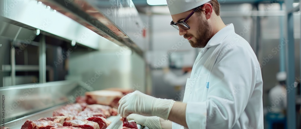 Wall mural A meat processing plant worker wearing a white coat and gloves inspects cuts of beef on a conveyor belt. A close up of a meat processing plant worker wearing a glove and touching a piece of meat.	 - Wall murals