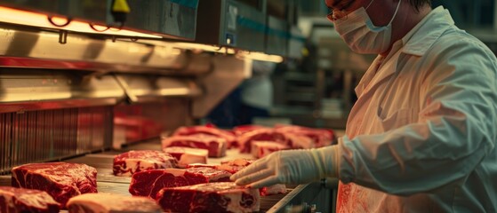 A meat processing plant worker wearing a white coat and gloves inspects cuts of beef on a conveyor belt. A close up of a meat processing plant worker wearing a glove and touching a piece of meat.	