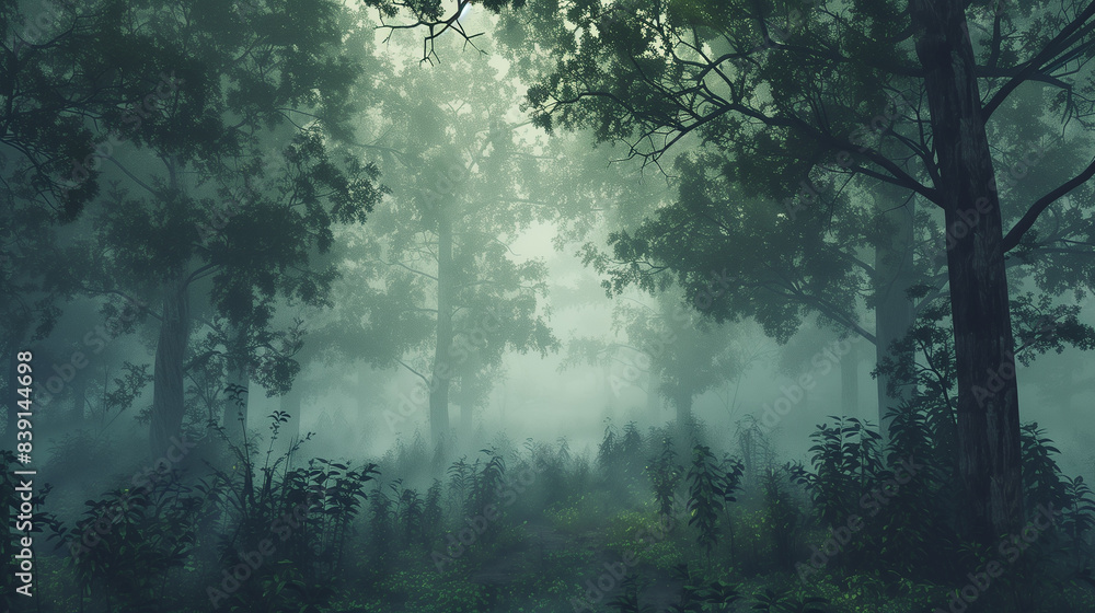 Poster a misty forest with trees and fog. the atmosphere is calm and serene, with the mist creating a sense