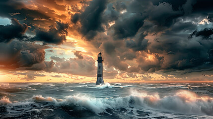 A lighthouse is on a rocky shoreline in the middle of a stormy sea. The sky is dark and cloudy, and the waves are crashing against the rocks. The lighthouse is the only source of light in the scene
