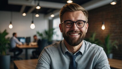Businessman, portrait and coworking workplace for creative job, happy employee and company goals with vision for growth. People, office and business meeting, project manager and happy male person