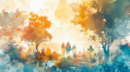 Digital watercolor painting of Jesus Watercolor painting, Jesus comforting a grieving family in a modern cemetery, soft light filtering through trees, serene and compassionate mood
