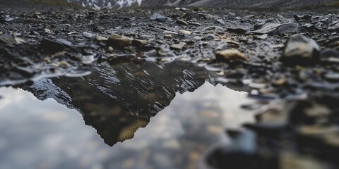 Close view of mountain reflection in a rain puddle, detailed textures of wet rocks and soil, overcast day. 