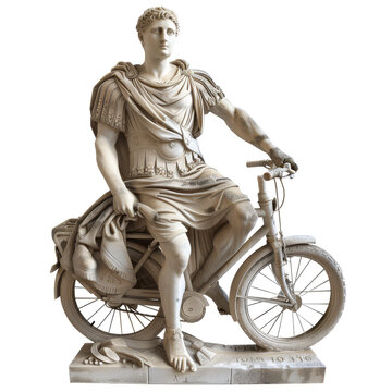 Roman Statue Riding A Bicycle ,isolated On White Background , PNG Die-cut, Clipart