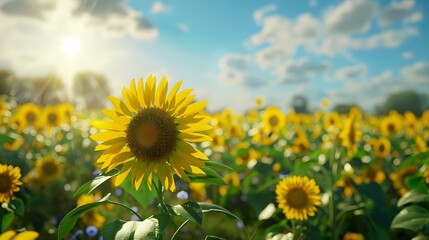 Fototapeta premium a beautiful view of sunflower in the farm of sunflowers