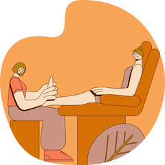 Techniques for giving feet massage by professional therapist in spa. Design concept. Isolated flat vector illustration.