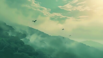 Obraz premium a sky having some birds flying on the green mountain