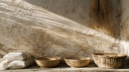 A very empty background image with woven baskets, cotton and linen,