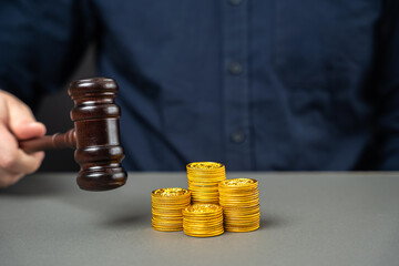 Judge's gavel and stack of coins. Litigation, dispute resolution, conflict of interest settlement....