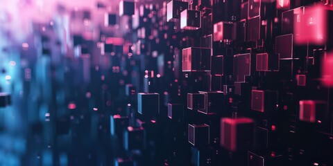 Minimalist pixel cubical particles technology background featuring geometric shapes and lines in a sleek design. 