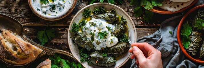 Fototapeta premium Eating Traditional Turkish Dolma, Sarma or Dolmades with Tzatziki Sauce, Mediterranean Dish