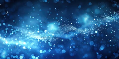 Fototapeta premium Abstract wave particles with a glowing effect sweeping diagonally, providing a clean copy space on a dark blue background. 