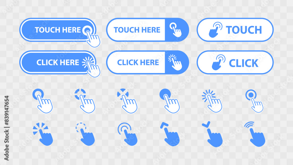 Poster clickable web buttons with cursor pointer icon. web site button set collection. call for action clic