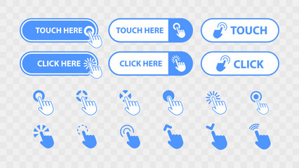 Clickable Web Buttons with Cursor Pointer Icon. Web Site Button Set Collection. Call for Action Click and Touch Button. Vector Illustration.