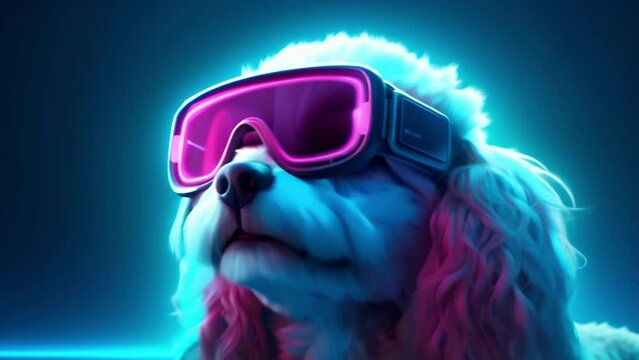 A trendy dog is portrayed wearing neon VR goggles in an advanced futuristic environment