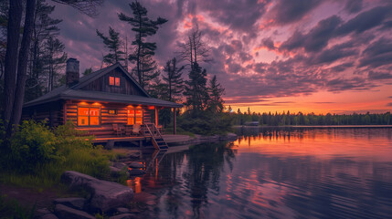 Fototapeta premium A cabin is on a lake with a beautiful sunset in the background. The cabin is surrounded by trees and the water is calm. The scene is peaceful and serene