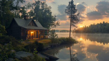 Fototapeta premium A cabin is on a lake with a beautiful sunset in the background. The cabin is surrounded by trees and the water is calm. The scene is peaceful and serene