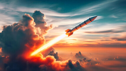 Missile with fire trail isolated on sky background