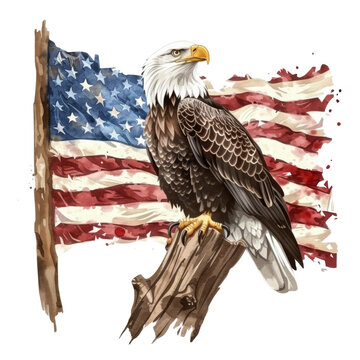 american bald eagle sitting on an old tree trunk with the background of American flag