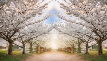 Naklejka premium A stunning tunnel of cherry blossom trees illuminated by soft, warm lights at twilight. The delicate petals create a canopy overhead, reflecting a serene and magical ambiance.