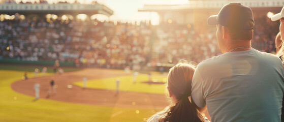 A family enjoys a baseball game, basking in the golden hour glow.
