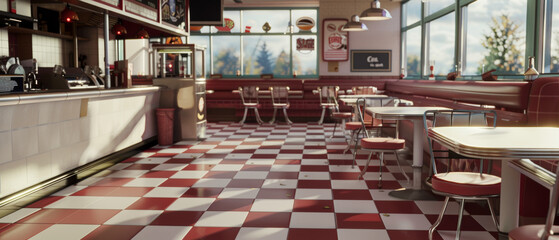 Retro diner stands empty, basking in sunlight with nostalgic charm.