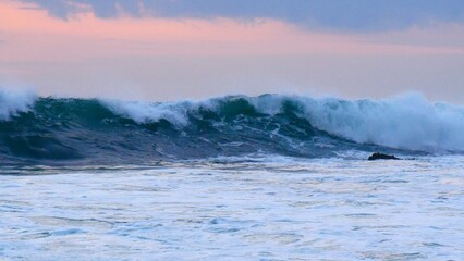 Tropical sea beach in summer time Purple sky on sunny day. Golden sand beach sea peaceful scenery on the beach. Travel vacation seaside outdoor. Ocean island beautiful dramatic Magenta landscape
